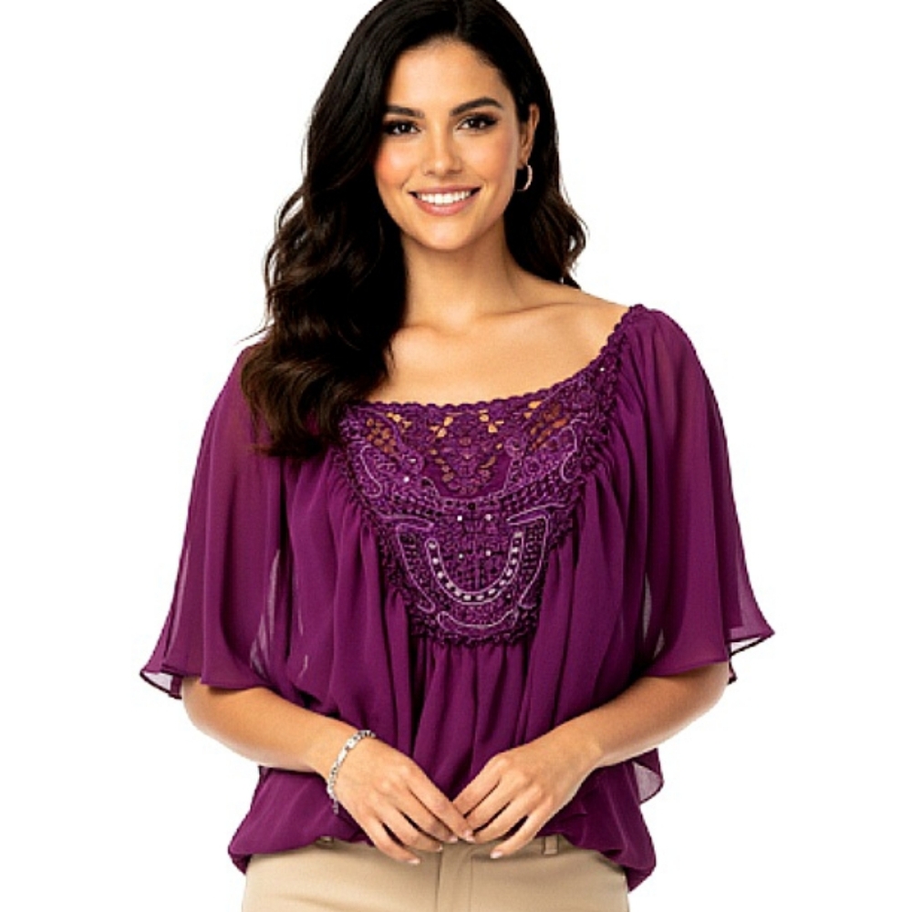 Moa Moa Purple Beaded Top Crochet Trim Flutter Sleeves Sz Large